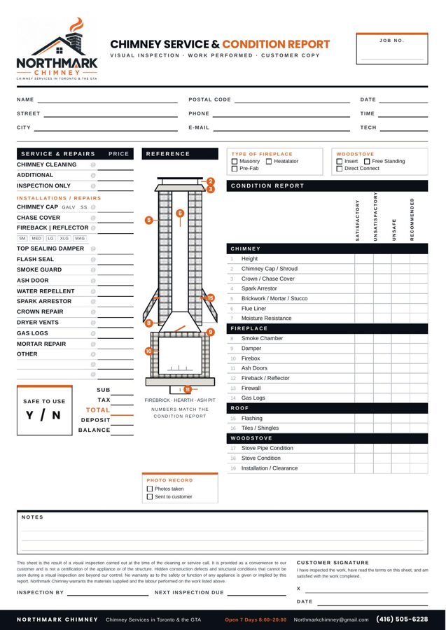 The Northmark 19-point chimney service and condition report the technician fills in at your home